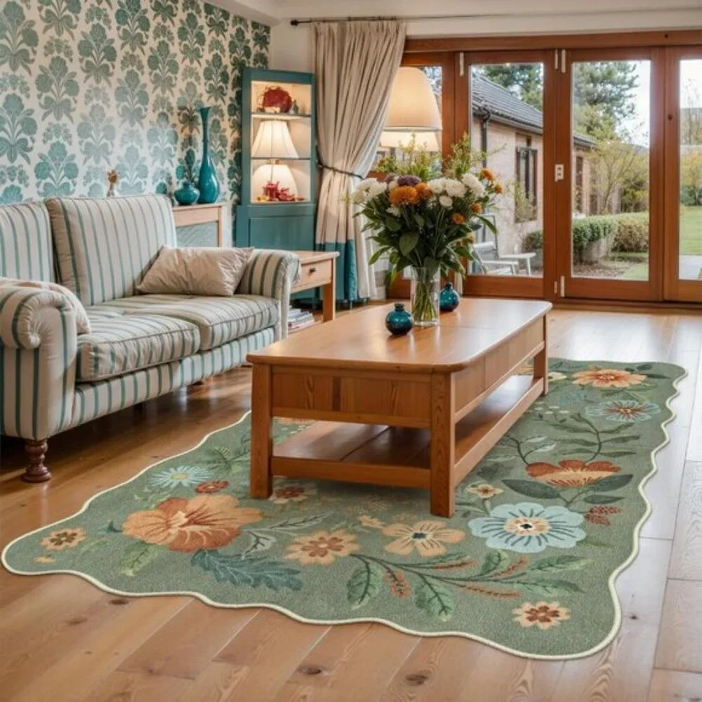 New 5x7 Green Floral Area Rug, Washable Non-Slip Low-Pile Carpet for Living Room
